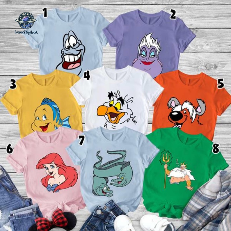 Camiseta a juego de La Sirenita / Camiseta con cara de disfraz de Flounder, Sebastian Max y Scuttle / Cosplay de La Sirenita / Disfraz de princesa Ariel imagen 1