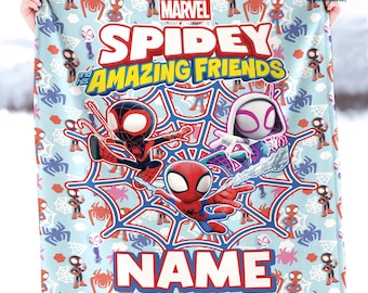 Spidey And His Amazing Friends Blanket, Custom Kid Name Blanket, Birthday Gift, Custom Super Hero Gift, Spiderman Fleece Blanket