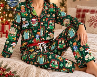 May include: A dark green long-sleeve button-down pyjama shirt and matching trousers set featuring a repeating pattern of Muppets characters in festive holiday attire, including Santa hats, surrounded by decorative frames and Christmas elements.