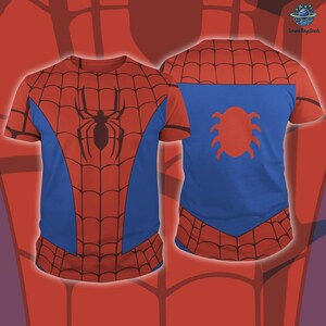 A t-shirt design featuring the iconic Spiderman logo, including the web-like pattern and the red and blue colors.