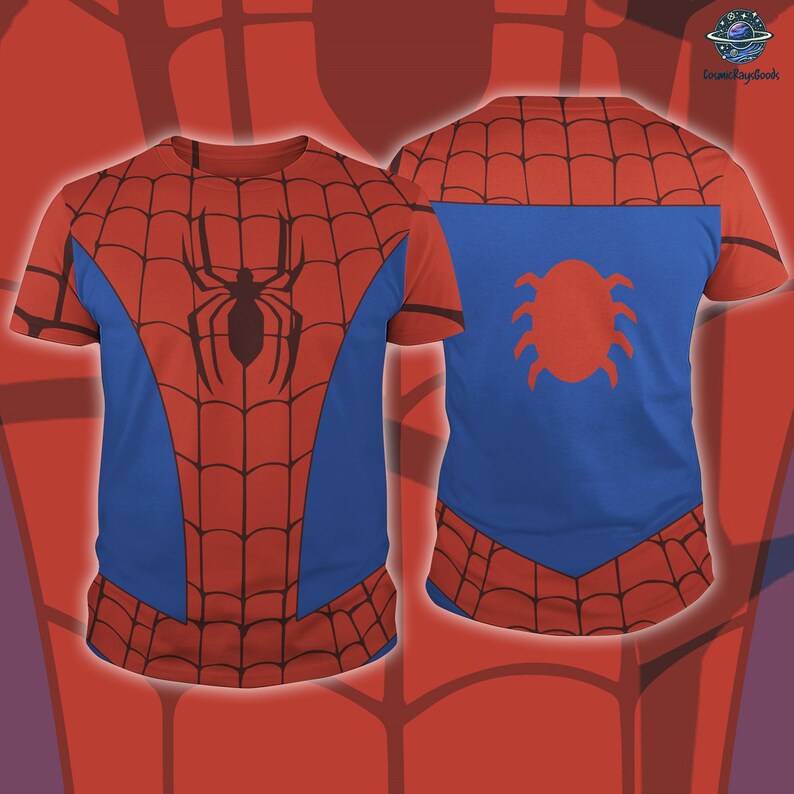 A t-shirt design featuring the iconic Spiderman logo, including the web-like pattern and the red and blue colors.