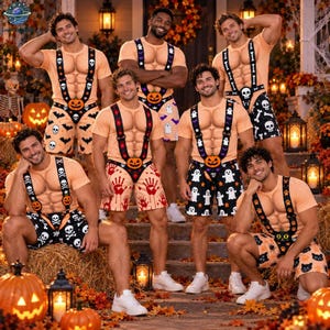 May include: Five individuals wearing matching Halloween-themed outfits consisting of a tan t-shirt with a printed muscular torso, black suspenders, and patterned shorts featuring pumpkins, skulls, ghosts, handprints, or cat faces on a black background.