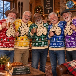 May include: Four individuals wearing long-sleeved knit jumpers in red, yellow, green, blue, and purple, each featuring a large beige graphic of a phallic shape, white reindeer, and pine tree patterns, while holding various beverage glasses and bottles.