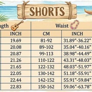 May include: A size chart for shorts, featuring measurements in both centimeters and inches. The chart includes sizes S to 5XL, with corresponding length, waist, and hip measurements. The background features a beach scene with flowers and a wooden sign that says "SHORTS".