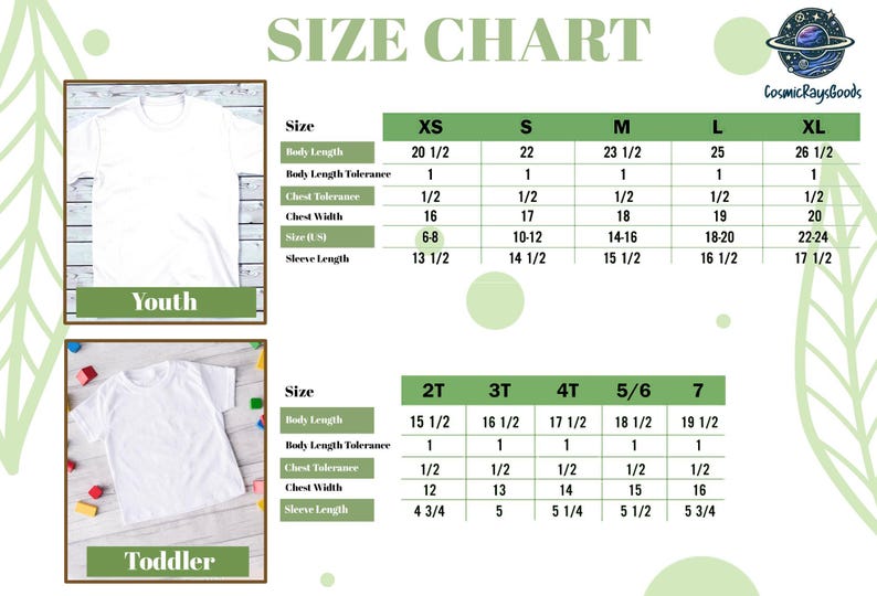 the size chart for a youth's t - shirt