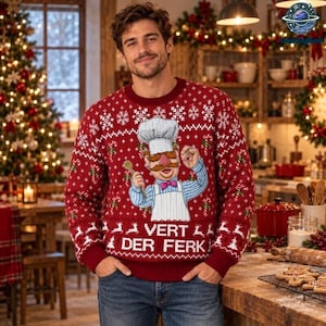 Swedish Chef Vert Der Ferk Ugly Sweater, Red Muppets Christmas Knit Sweater, Funny Chef Gift, Baker Christmas Gift, Holiday Party Top