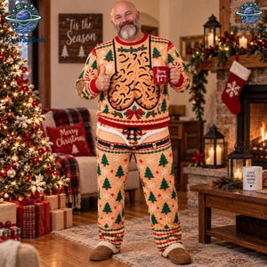 May include: A beige long-sleeve jumper and matching trousers set featuring a repeating pattern of green Christmas trees and red accents. The jumper displays a graphic of a thong and testicles, while the trousers feature a printed waistband.
