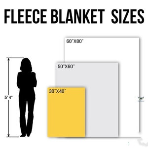 May include: Image showing fleece blanket sizes. The sizes are 30"x40", 50"x60", and 60"x80". A silhouette of a person is next to a line indicating a height of 5'4". The text "FLEECE BLANKET SIZES" is at the top.