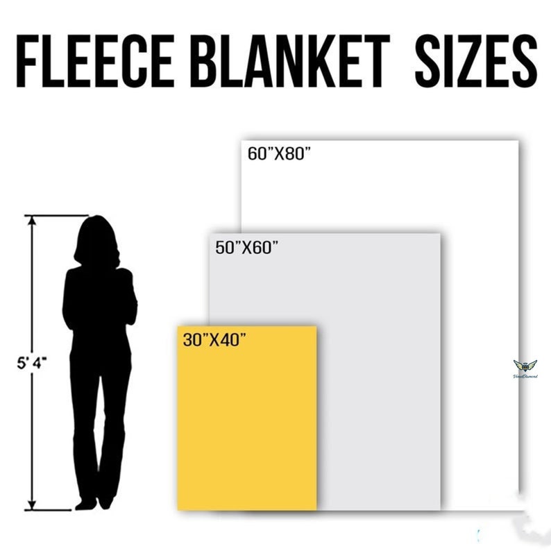 May include: Image showing fleece blanket sizes. The sizes are 30"x40", 50"x60", and 60"x80". A silhouette of a person is next to a line indicating a height of 5'4". The text "FLEECE BLANKET SIZES" is at the top.