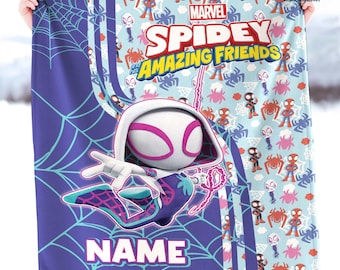 Custom Gwen Spidey and His Amazing Friends Fleece Blanket, Spiderwoman Cartoon Blanket, Birthday Gift For Kids, Superhero Blanket
