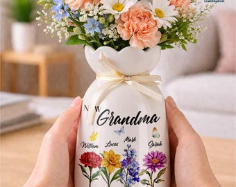 Custom First Mom Now Grandma Ceramic Flower Vase, Birth Month Flower Vase, Grandmas Garden Vase, Birthday Gift for Mom Nana,Mothers Day Gift
