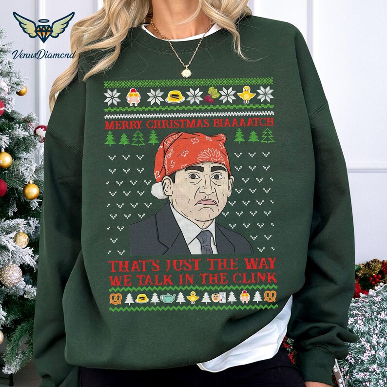 Michael Scott Ugly Christmas Sweatshirt, Merry Christmas Biaaatch, the