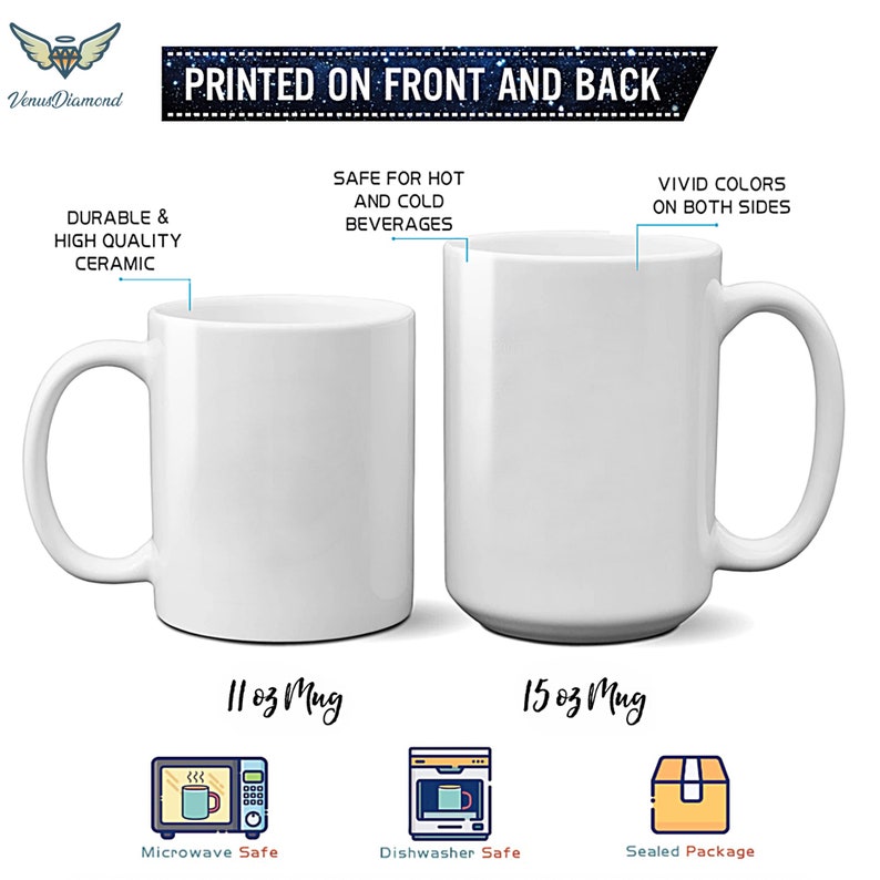 May include: Two white ceramic mugs, one 11 ounce and one 15 ounce, with the text "PRINTED ON FRONT AND BACK" at the top. The mugs are microwave and dishwasher safe and come in a sealed package.