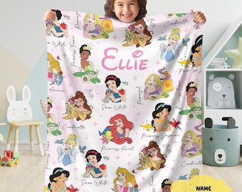 Custom Disneyland Princess Blanket, Princess Blanket Gift for Her, Cinderella Snow White Belle Jasmine Ariel Princess, Birthday Girl Blanket