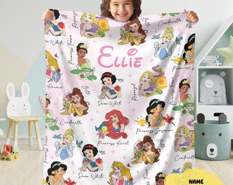 Custom Disneyland Princess Blanket, Princess Blanket Gift for Her, Cinderella Snow White Belle Jasmine Ariel Princess, Birthday Girl Blanket