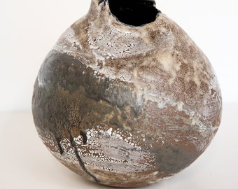 Dark Black, terrain  moon vase, multi layer wabi sabi hand made