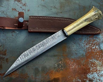 Hand Forged Damascus Steel Viking Seax Knife, Camel Bone Handle, Leather Sheath
