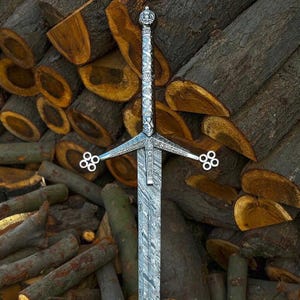 Handmade Damascus Steel Scottish Claymore Sword, Highlander Sword, Medieval Sword With Leather Sheath, Groomsmen Gift, Christmas Gift