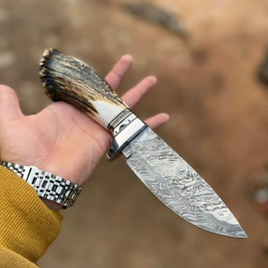 Custom Hand Made Damascus Antler Deer Horn Crown Handle Hunting Knife With Case | Best Gift For Him