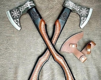 Hand Forged Carbon Steel Viking Axe, Rose Wood Shaft, Bearded Camping Hatchet, Leather Sheath