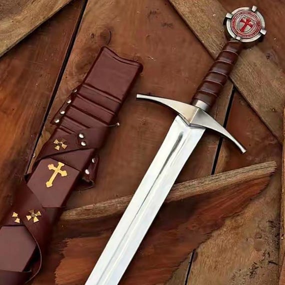 Handmade Knights Templar Sword, The Accolade, High Stainless Steel Replica with Leather Scabbard
