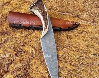 Couteau de chasse en acier D2 forgé à la main, manche en bois de cerf avec couronne, étui en cuir