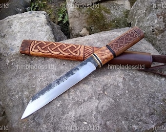 Hand Forged Carbon Steel Viking Seax Knife, with Celtic Knot Wooden Scabbard