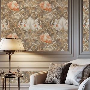 Art Nouveau Floral Wallpaper Mural: Beige Peach Peel & Stick