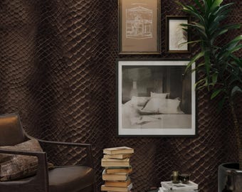 Dark Brown Snake Skin Faux Wallpaper: Peel and Stick Moody Designer Home Office