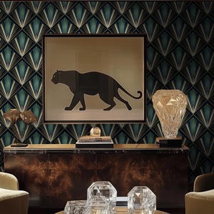 Art Deco Fan Wallpaper, Luxury Geometric Peel and Stick Wall Mural, Elegant Vintage Home Decor, Glam Gold & Navy, Retro 1920s Inspired