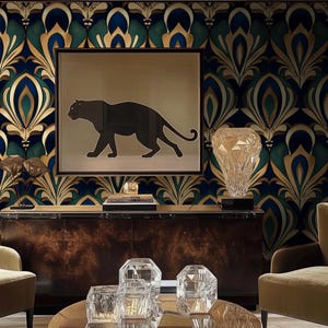 Luxury Art Deco Wallpaper - Gold and Navy Blue Retro Peel and Stick - Elegant Vintage Geometric Pattern for Modern Home & Office Decor