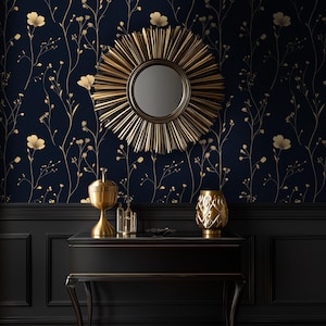 Minimalist Gold Floral Wallpaper - Dark Navy Blue Peel and Stick Wall Mural - Elegant Luxury Botanical Wall Decor for Modern Home & Interior