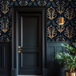 Art Deco Emerald Green and Gold Wallpaper - Removable Geometric Wall Mural