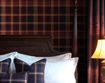 Rijke bordeauxrode en marineblauwe ruitbehang | Preppy Ivy League-stijl verwijderbaar vinyl
