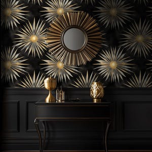 Black Gold Starburst Wallpaper, Art Deco Sunburst Wall Mural, Elegant Metallic Wall Decor, Luxury Glam Home Interior