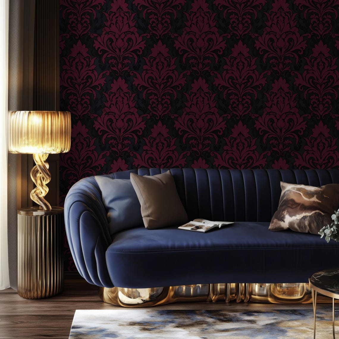 Dark Gothic Damask Wallpaper - Burgundy and Black Baroque Luxe Interior ...
