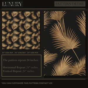 May include: Black wallpaper featuring a gold palm leaf design. The pattern repeats every 61 cm horizontally and vertically. The rolls are 61 cm wide. The word "LUXURY" is at the top left.