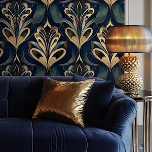 Elegant Art Deco Wallpaper - Gold and Emerald Green Removable Wall Mural - Luxury Vintage Geometric Pattern for Home, Office & Hotel Decor