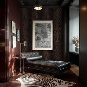May include: A luxurious interior scene featuring a black leather chaise lounge with a tufted design, a zebra-print rug, and a framed abstract artwork. The walls are a deep burgundy with textured wallpaper, and a silver lamp provides soft lighting.