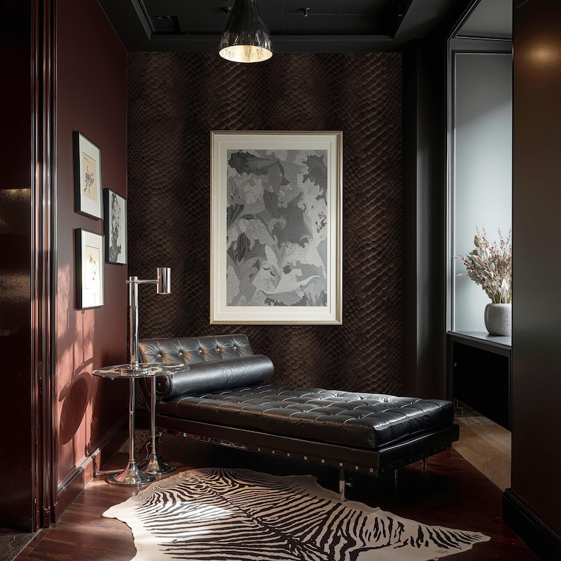 May include: A luxurious interior scene featuring a black leather chaise lounge with a tufted design, a zebra-print rug, and a framed abstract artwork. The walls are a deep burgundy with textured wallpaper, and a silver lamp provides soft lighting.