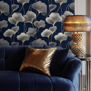 Elegant Ginkgo Leaf Wallpaper - Navy Blue and  Gold Silver Botanical Peel and Stick - Removable Luxury Wall Mural - Glamorous Home Decor