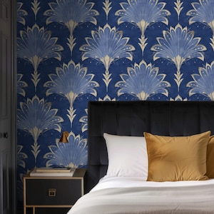 Art Deco Royal Blue Wallpaper: Gold Fan Flower Peel and Stick