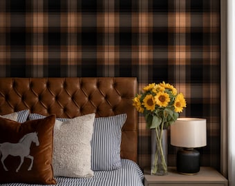 Caramel and Black Plaid Wallpaper: Rustic Luxe Peel & Stick