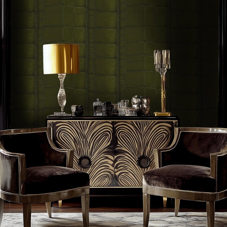 Moody Olive Green Crocodile Faux Leather Wallpaper - Speakeasy Bar ...