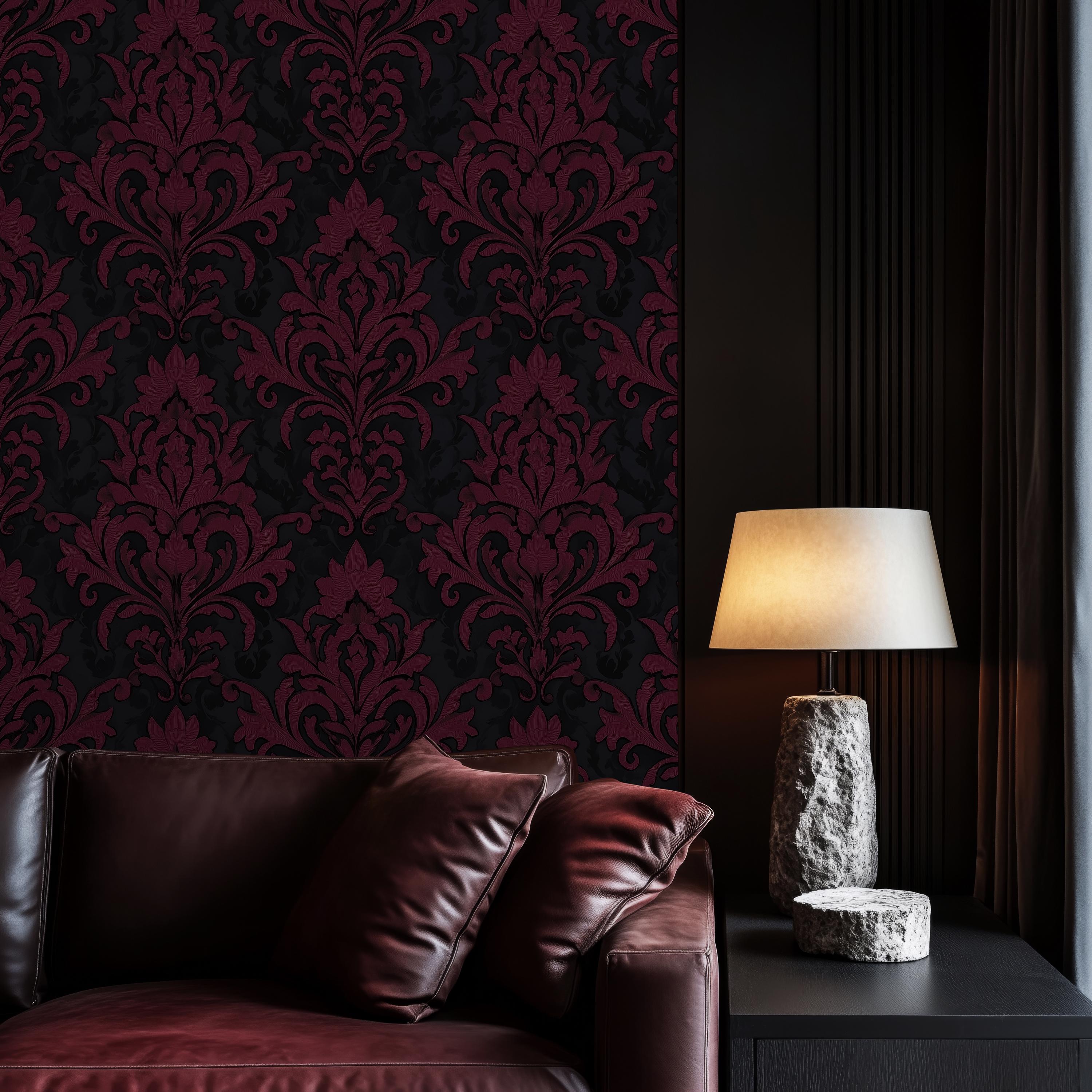 Dark Gothic Damask Wallpaper - Burgundy and Black Baroque Luxe Interior ...