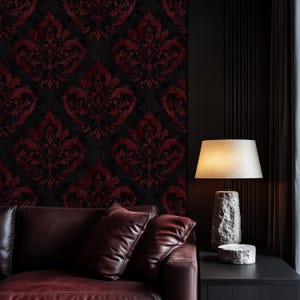 Luxury Baroque Damask Wallpaper - Deep Red and  Black Velvet Ornate Pattern for Elegant Interior Removable Wallpaper - Romantic Gothic Decor