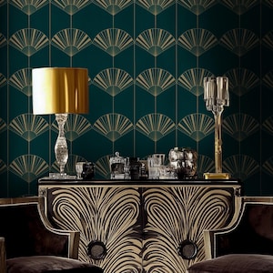 Emerald Green Art Deco Fan Wallpaper, Gold Geometric Wall Mural, Luxury Gatsby Style Home Decor, Elegant Vintage 1920s Statement