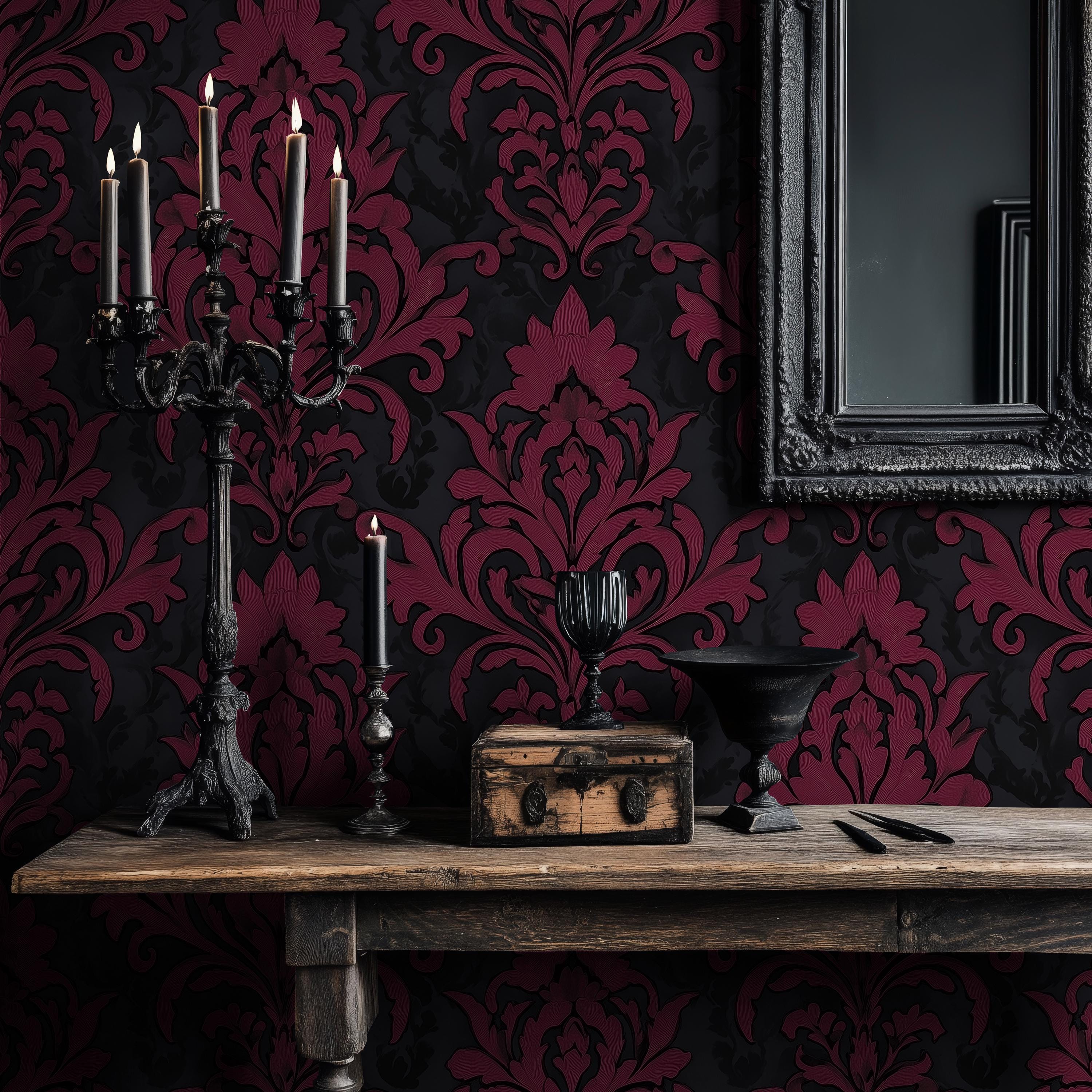 Dark Gothic Damask Wallpaper - Burgundy and Black Baroque Luxe Interior ...