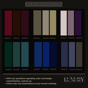 May include: A colour palette graphic featuring a range of swatches in burgundy, brown, green, blue, and neutral tones. The text "COLOR PALETTE" is at the top. Further text provides contact details and a disclaimer about colour variations depending on screen settings.