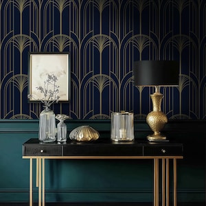 Art Deco Navy Gold Wallpaper, Elegant Gatsby Style Peel and Stick Wall Mural, Luxury 1920s Fan Pattern, Vintage Geometric Home Decor